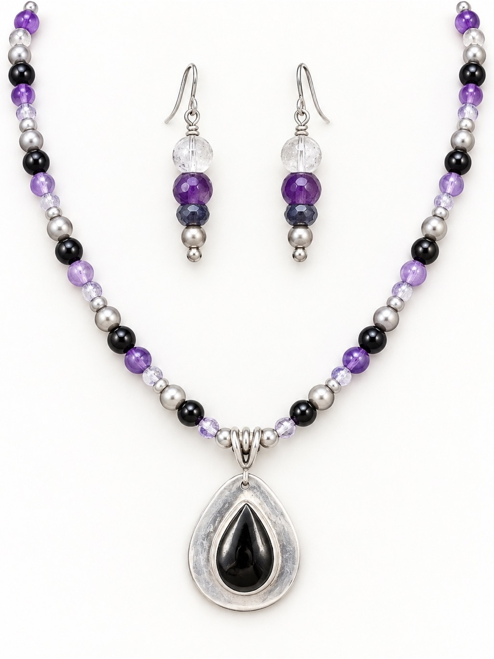 Amethyst and Black Onyx Beaded Pendant Necklace with Matching Earrings